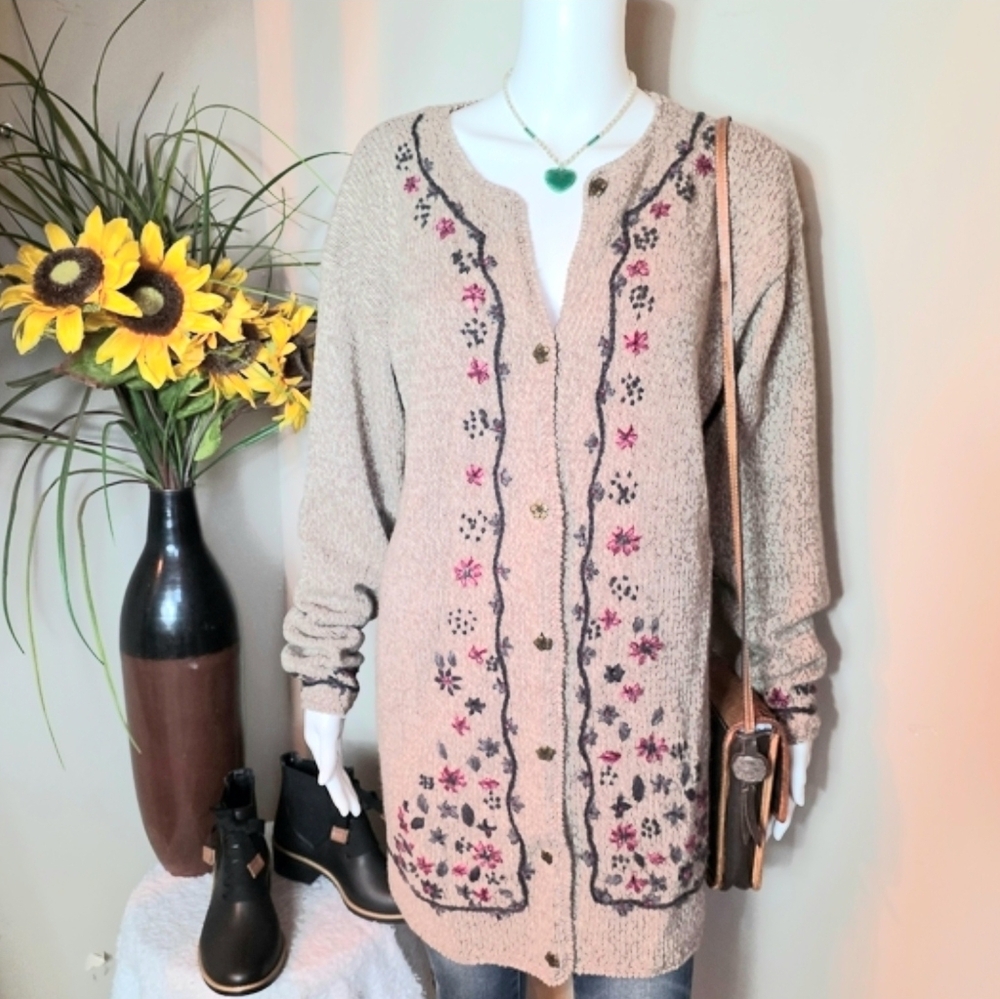 Northern Reflections Beige Floral Embroidered Cardigan